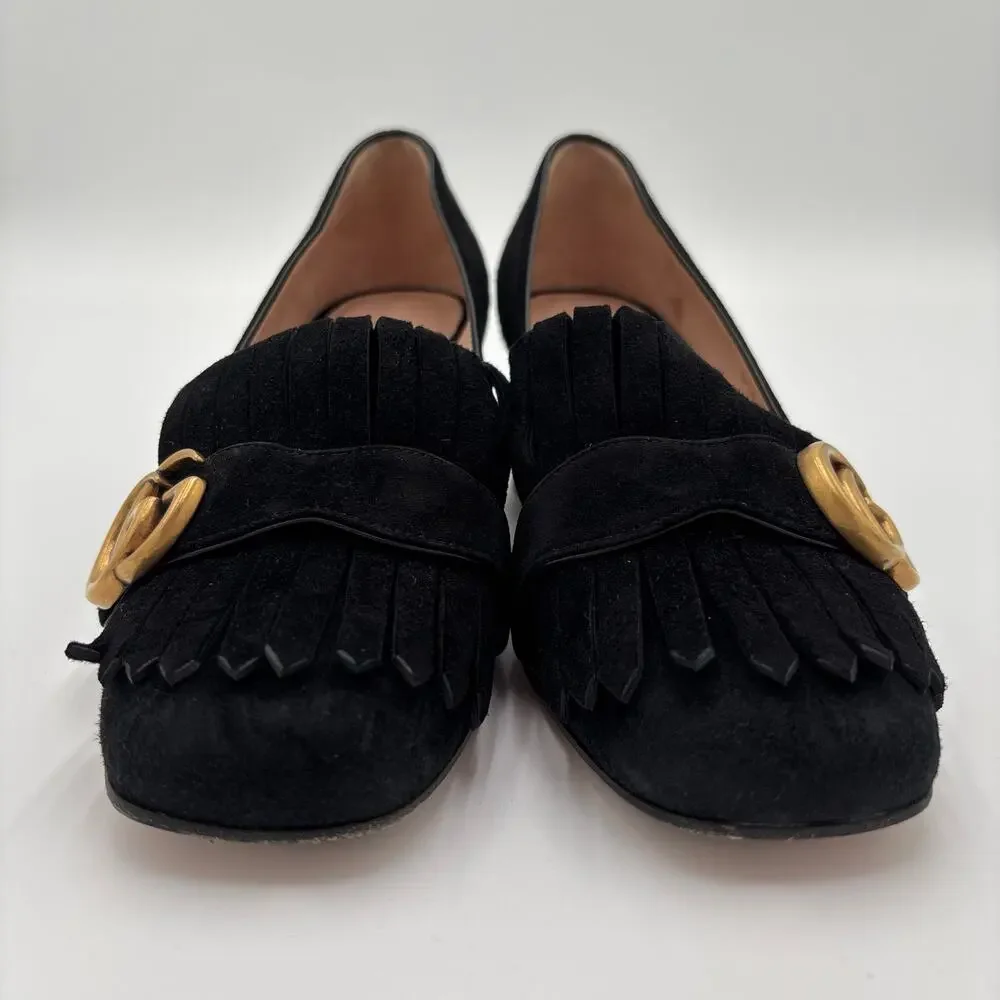 Gucci Marmont GG Fringe Kiltie Block Mid Heel Loafer Pumps Black Suede Size 37 - Picture 6 of 15